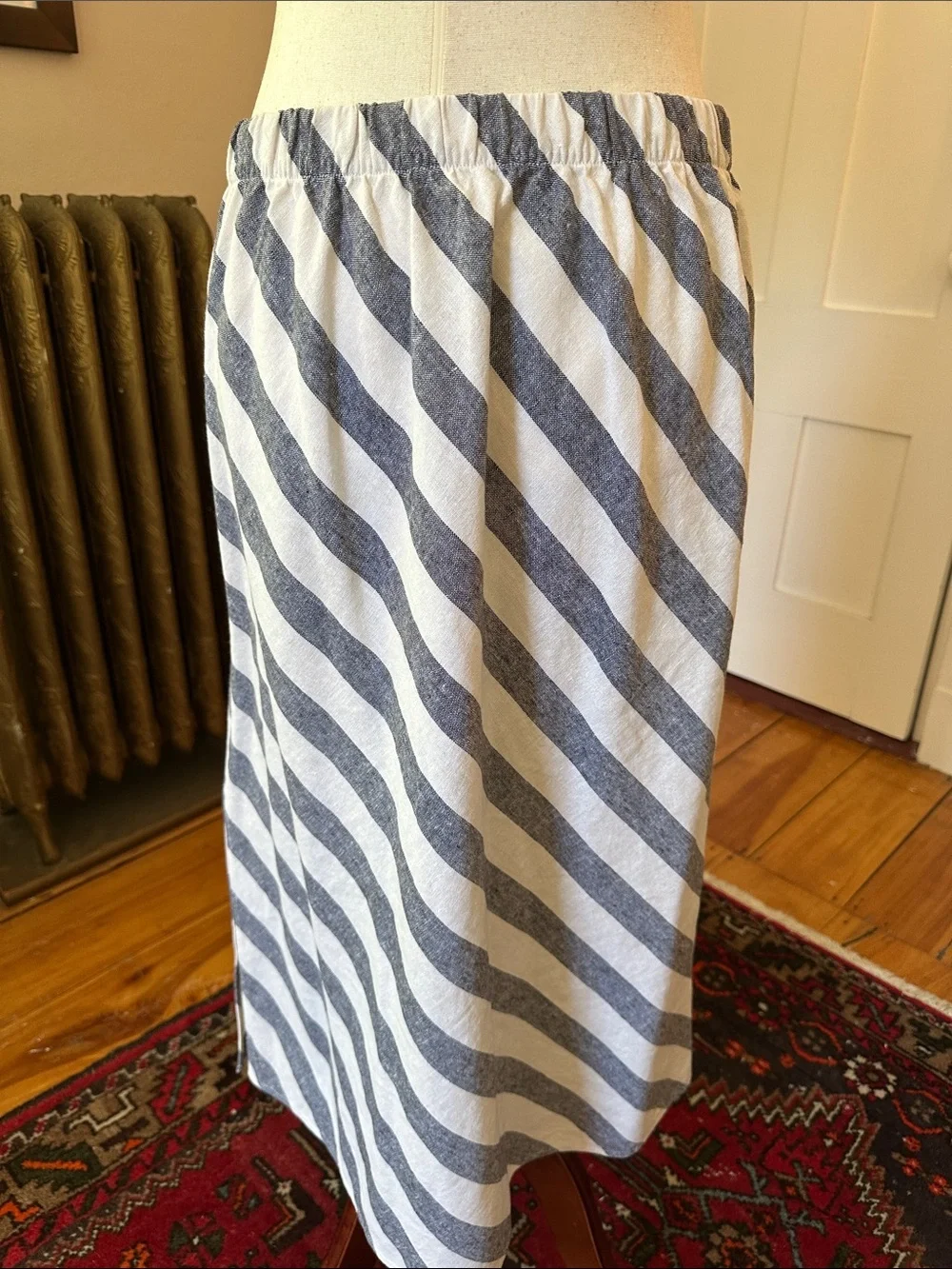 J. Crew Linen Bias Cut A-Line Midi Skirt in Navy and White